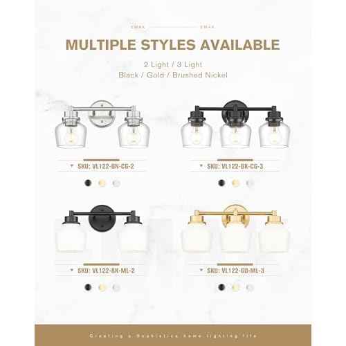 Emak Modern Black Bathroom Lights, Farmhouse Vanity Lighting Fixtures with Clear Glass Shade, 2-Light Vanity Lights for Bathroom, Makeup Desk, Mirror, VL122-BK-CG-2