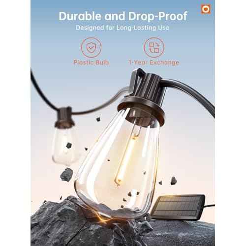 addlon 72FT Solar String Lights Outdoor, Waterproof Solar Powered Outside Lights with Remote & USB Port, ST38 LED Shatterproof Bulbs, Dimmable Solar Light for Camping Backyard Porch