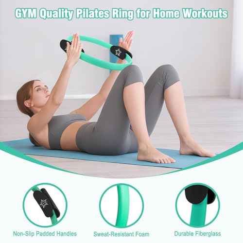 Pilates Equipment Kit for Home Workout, Pilates Ring and Ball Set for Women, 14'' Magic Circle Essentials Accessories Kit with Wrist Weights, Resistance Bands, Yoga Strap, Core Sliders, Socks, Bag