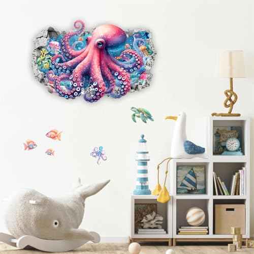 Octopus 3D Ocean Animal Wall Stickers - Sea Life Wall Decals for Kids Room & Bedroom Decor