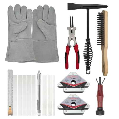 MIG Welding Tools,8sets,Chipping Hammer,Leather Welding Gloves 13.5",Soapstone Holder,50LB Welding Magnet,Welpers Pliers 8",MIG Nozzle Reamer,Wire Brush
