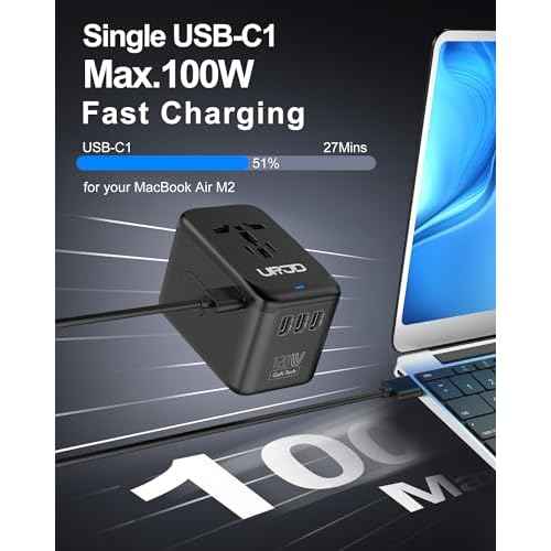 Universal Travel Adapter, 120W GaN International Power Plug Adapter, 5 USB Ports and 1 AC Outlet, All-in-One Travel Charger for 200+Countries, Fast Charging All USB & Dual Voltage Devices