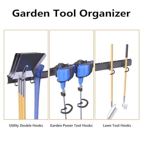 Garage Tool Organizer, 64 Inches Garden Tool Storage Rack Wall Mount, Adjustable 14 Pcs Heavy Duty Hooks, Yard Organization for Weed Wacker, Weed Eater, Shovels, Trimmers, Hoses
