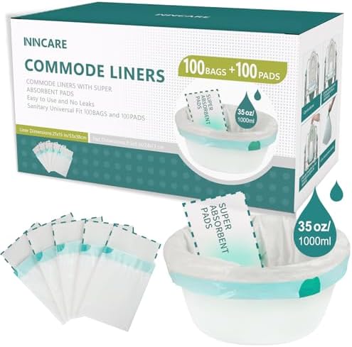 Commode Liners with Absorbent Padsï¼Value Pack 100 Count Universal Fitï¼Disposable Bedside Commode Liners and Pads for Adult Portable Toilet (100Bags + 100Pads)