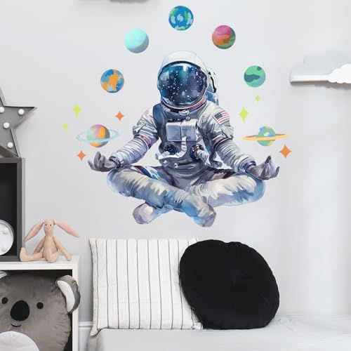 Yoga Astronaut and Planet Star Wall Decals Nursery Preschool Large Wall Stickers for Kid Baby Boy Removable Peel and Stick Waterproof Wall Art Decor Stickers for Living Room Bedroom Playroom