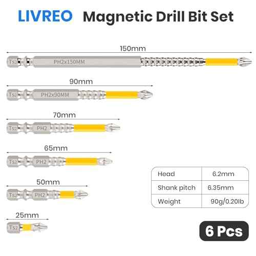 High Magnetic Screwdriver Drill Bit Set, K5 Impact Resistant Non Slip Bit, Strong Magnetic Drill Bit Set, Anti-Slip Magnetic Electric Screwdriver Set, 25 50 65 70 90 150mm (6Pcs)