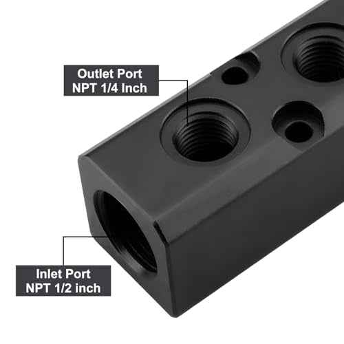 Air Manifold, 2 Way 4 Port Air Compressor Manifold, Air Hose Inline Manifold Block Splitter, Pneumatic Manifold Air Distribution Block, NPT 1/2 Inch Supply Port, NPT 1/4 Inch Output Port(BLACK)