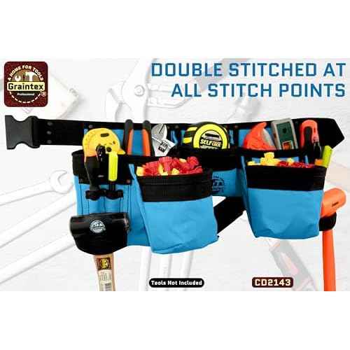 Graintex CD2143 11 Pocket Finisher Tool Apron Royal Blue Color Rip-stop Canvas for Constructors, Electricians, Plumbers, Handymen