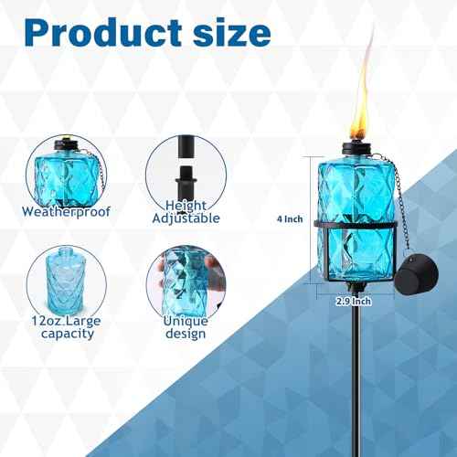 4 Pack Blue Glass Garden Torch 12 oz Outdoor Torch Garden D?cor,60-Inch Upgraded Citronella Torches with 3-Prong Grounded Stake for Party Patio Pathway