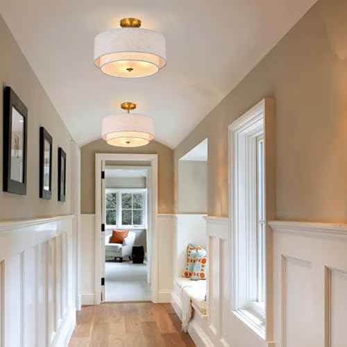3-Light Semi Flush Mount Ceiling Light Fixture, 16" Gold Drum Light Fixture, Modern Close to Ceiling Light with 2-Laye Fabric Shade Lamps for Bedroom Living Dining Room Hallway Entryway Foyer