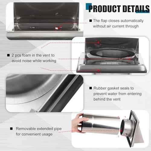 Gisafai 4" Outside Dryer Vent Cover for Exterior Walls Exhaust Vent Cap with Removable Extension Pipe Stainless Steel Hood Cushioned Non Return Flap with Sealing Gasket Grille Screen