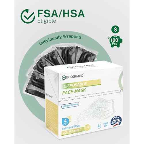 Disposable Face Masks Made in USA, 4 Ply for Families, Students, Breathable All-Day Wear & Safety, FSA HSA Eligible, ASTM Level 3 Medical Grade, 100 Pack Individual Wrap, Black