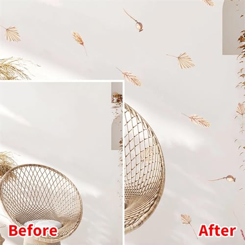 6 Sheets 60 Pcs Wheat Ear of Wheat Peacock Feathers Wall Stickers, sacinora Yellowish Maple Leaf DIY Natural Wall Decals Removable Vinyl Peel and Stick for Living Room Bedroom Art Home Decor