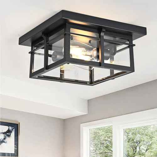 Farmhouse Ceiling Light Fixture Black 2-Light with Clear Glass, Square Flush Mount Ceiling Light for Hallway Kitchen Bedroom Porch