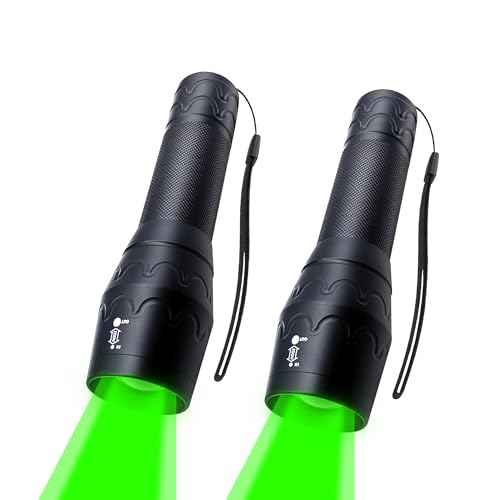 Green Light Flashlight Single Mode Adjustable Focus LED Torch for Night Hog Hunting, Fishing, Night Observation, 2 Pack