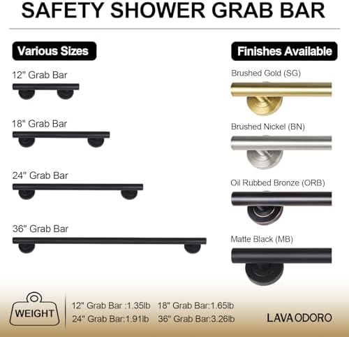 Lava Odoro Shower Grab Bar, Modern Set Stainless Steel Handicap Grab Bar for Bathtubs and Showers, Shower Safety Bar for Seniors Disabled, ADA-Compliant (Matte Black, 12 Inch)