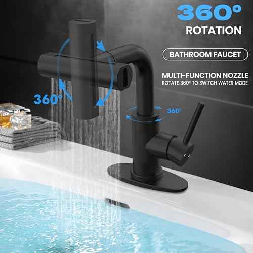 Matte Black Bathroom Sink Faucet with Pull Down Sprayer - 4 Mode Single Handle Vanity Faucet Waterfall Bathroom Faucet with Pull Down Sprayer (No Drain)