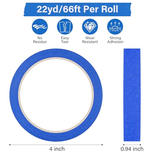 6 Rolls Blue Painters Tape, Premium Masking Tape, Paint Tape for Multi-Purpose, Painting, DIY Crafts (0.94-Inch x 22-Yard) Protects Surfaces, Easy Removal, Total 132 Yds