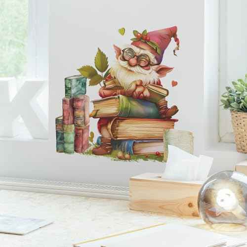 Gnome Reading Wall Decals Books Reading Wall Stickers Peel and Stick Wall Art Decals for Kids Room Classroom Nursery Bedroom Playroom Decor (Style1)