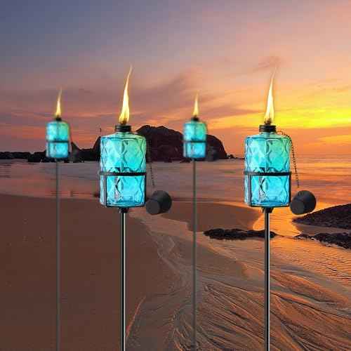 4 Pack Blue Glass Garden Torch 12 oz Outdoor Torch Garden D?cor,60-Inch Upgraded Citronella Torches with 3-Prong Grounded Stake for Party Patio Pathway