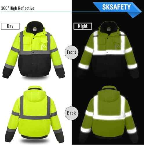 SKSAFETY High Visibility Reflective Jackets for Men, Waterproof Class 3 Safety Jacket with Pockets, Hi Vis Yellow Coats with Black Bottom, Mens Work Construction Coats for Cold Weather, S, 1 Pack