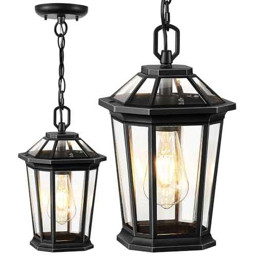 VIANIS Outdoor Pendant Lights, Modern Hanging Outside Lantern, Aluminum Porch Light Ceiling, Black Outdoor Chandelier for Porch with Clear Glass for House Doorway