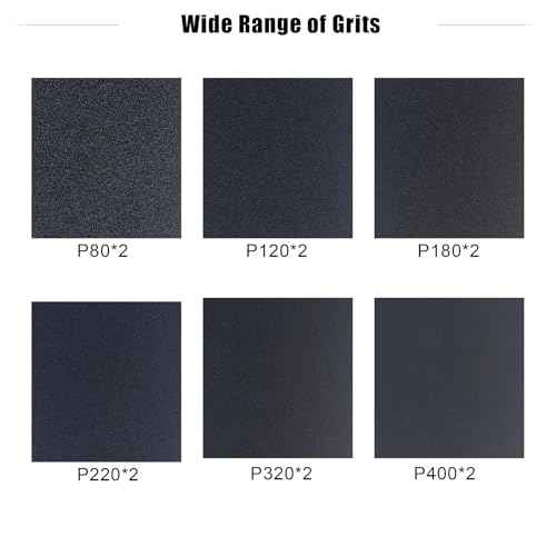Premium Sandpaper Assortment 9" x 11" - 12 Pcs (with 2 Each of 80, 120, 180, 220, 320, 400 Grits) Silicon Carbide Wet Dry Sand paper Sheets - Sanding Automotive, Woodworking Furniture, Metal Finishing