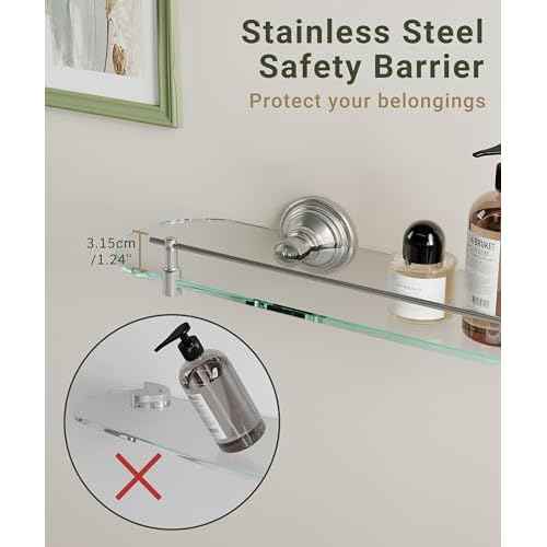 Glass Shelf for Bathroom, 20 Inch Glass Floating Shelves for Wall, Glass Bathroom Shelves with Stainless Steel guardrail (Brushed Nickel)
