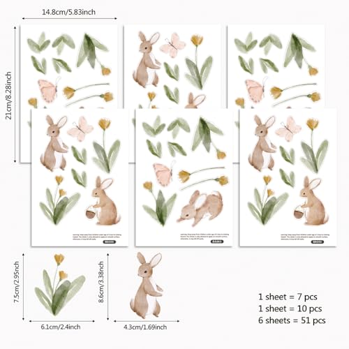 Summertime Watercolor Cute Bunnies and Flowers Nursery Wall Decal, Peel and Stick Reusable and Removable Kids Wall Stickers