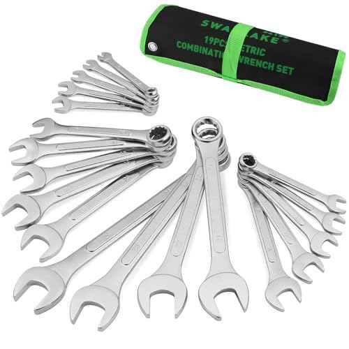 19-Piece Metric Combination Wrench Set, 6-24mm Standard Spanner Wrench Set, Mechanic Tool Sets with Rolling Pouch, Open End Wrenches for Household, Garage, Workshop, Auto Repairs