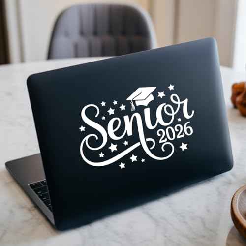 Senior 2026 Graduation Decal with Cap and Stars, Script Font Class of 2026 Sticker Waterproof Vinyl Car Laptop Window Decoration School Spirit Graduate Gift 7 Inches