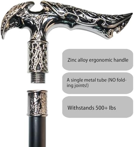 Walking Cane for Men & Women & Seniors - 36.5 Inch Heavy Duty 500+ lbs Capacity, Ergonomic Handle, Ornate & Decorative, Elegant Matte Black & Silver Metal Cane with Goth & Gothic Aesthetic
