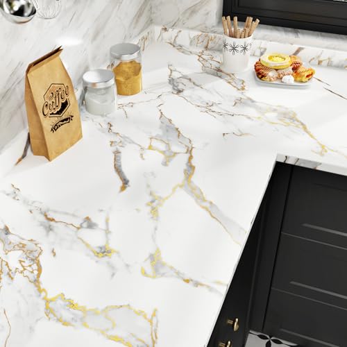 White Gold Marble Contact Paper for Countertops Waterproof White Marble Wallpaper Peel and Stick Removable Countertop Contact Paper for Kitchen Table Cabinets Matte Granite Wallpaper 15.8"x80"