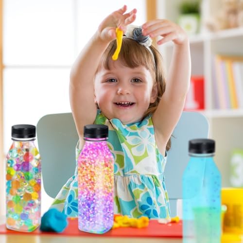 Honeydak 12 Pcs Empty Sensory Bottles Bulk with Black Lids 12 oz / 350 ml Clear Plastic Reusable Leakproof Juice Bottles Drink Container for Sensory Crafts Handmade Beverages Storage (Square)