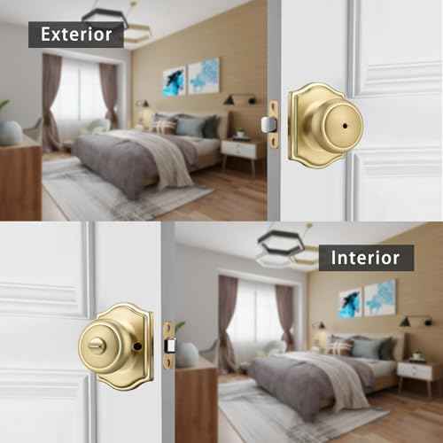 6 Pack Gold Door Knobs with Camelot Trim,Interior Door Knob with Lock,Coastal Privacy Door knob for Bath and Bedroom, Satin Brass