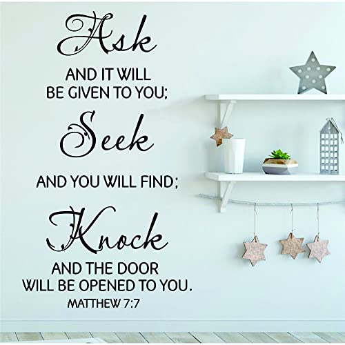 Ask Seek Knock Scripture Wall Art ? Matthew 7:7 Bible Verse Removable PVC Vinyl Sticker ? Inspirational Art for Living Room, Study, Church ? 27"x16" (black-JWH217)
