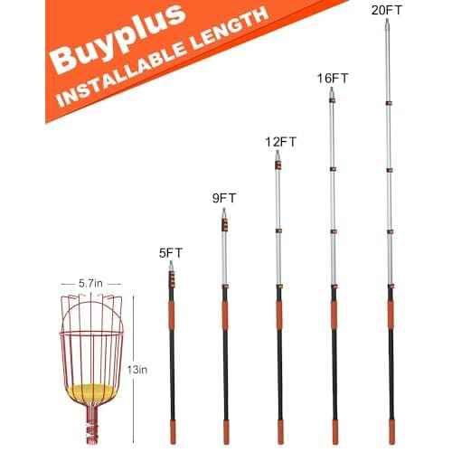 Buyplus 26ft High Reach Fruit Picker with Basket Telescoping, 5-20 Foot Heavy Duty Sturdy Aluminium Telescoping Extension Pole, Easy to Attach Twist-On Metal Basket for Picking Mango Avocado Lemon