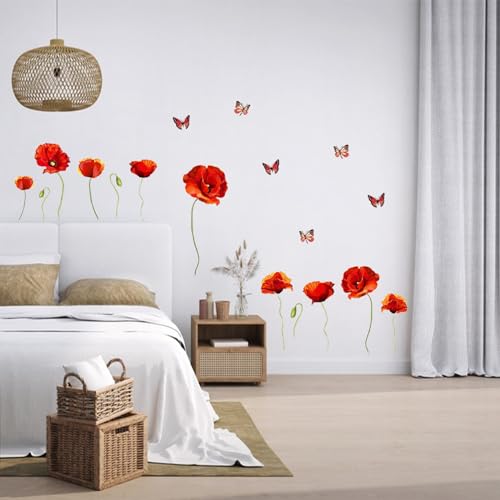 PLIGREAT Red Poppy Flowers Wall Stickers, Peel and Stick Wall Decals, Removable Vinyl Butterfly Walls Sticker for Living Room Bedroom Dining Room Home Indoor Decor DIY Art Decor