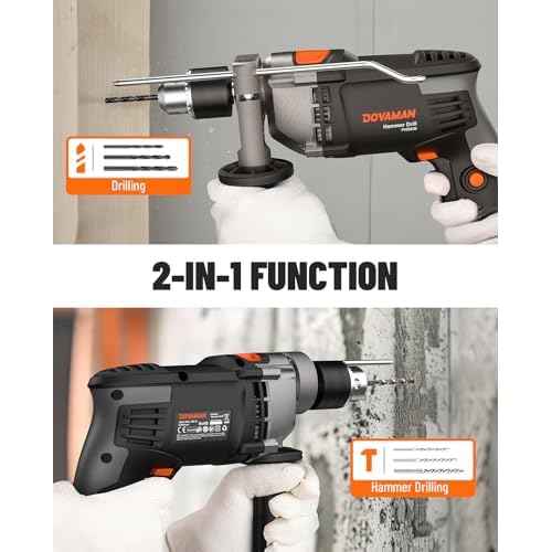 DOVAMAN PHD03B 7.5A Corded Hammer Drill, 1/2'' Impact Drill with Variable Speed 0?3000RPM, Metal Chuck, 2 Modes for Concrete, Wood, Metal ? Includes Bits & Carrying Case