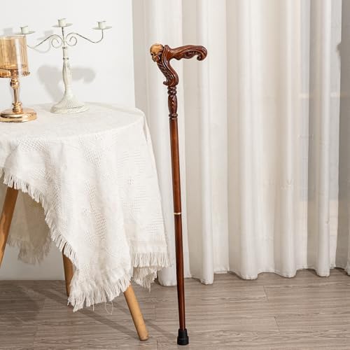 Hand Carved Wooden Walking Cane with Ergonomic Handle and Rubber Tip for Men and Women - Fashionable Unique Walking Stick for Seniors - 37 inch
