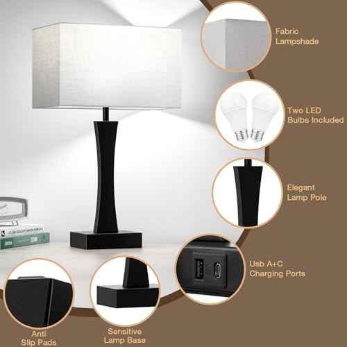 Bedside Lamps for Night Stands - 3 Way Dimmable Table Lamp for Bedroom with USB C+A Ports,Modern Bedside Lamps Set of 2, Touch Lamps for Nightstand Living Room Side Table End Tables(Bulbs Included)