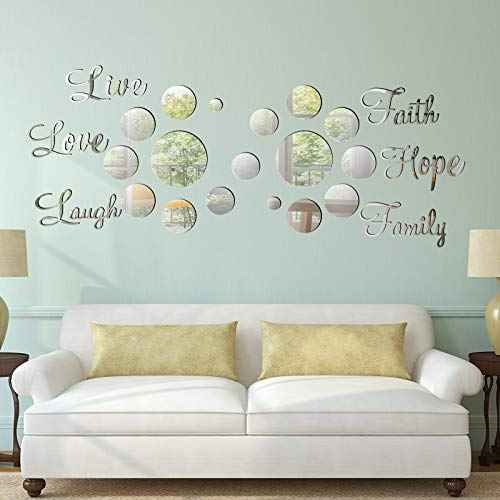 Zonon 3D Acrylic Mirror Wall Decor Stickers 6 Word DIY Faith Live Laugh Hope Love Family Mirror Wall Decor 26 Solid Circle Stickers for Home Bedroom Office(Silver)