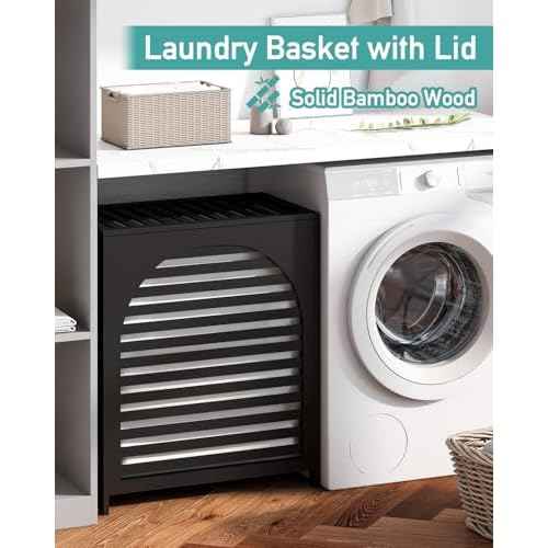 Black Laundry Hamper, Laundry Hamper with Lid, 27.3 Gallon (103L) Bamboo Wood Clothes Laundry Basket with Lid and Handles, Removable Liner