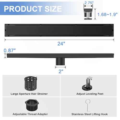 24-Inch Linear Shower Drain with Tile Insert Grate, SUS 304 Stainless Steel Linear Drain, Matte Black Long Rectangle Shower Floor Drain with Leveling Feet, Hair Strainer, Fits Bathroom
