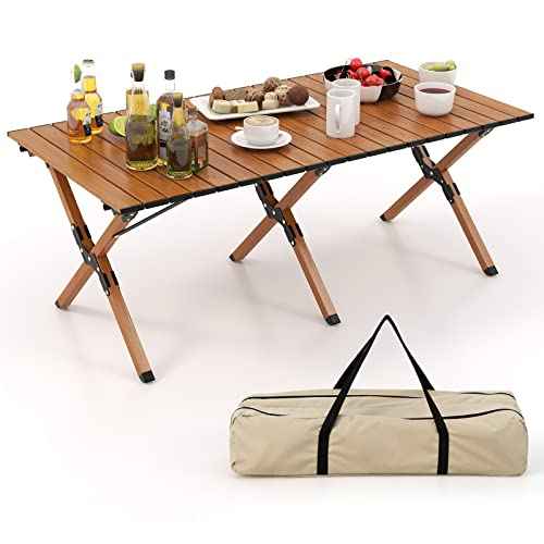 COSTWAY Folding Picnic Table, Roll-Up Aluminum Camping Table with Wood Grain, Portable Low Height Beach Table with Carry Bag for Camping, Picnic, BBQ & Hiking, Easy Assembly, Natural (47¡± x 23¡± x 18¡±)