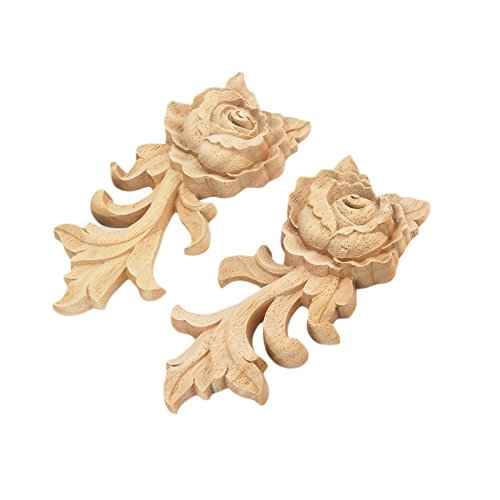 MUXSAM Rose Wood Carved Appliques Onlay, 2-Pack Unpainted Wooden Mini Decals for Cupboard Cabinet Wall Dresser Bed Mirror Mantels Fireplace Wardrobe Decor(15x6.5cm/5.91x2.56in)