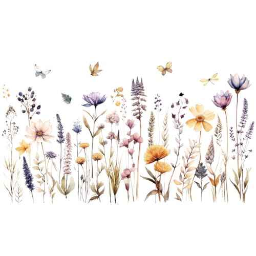 Wildflower Wall Decals Wall Decor Boho Flower Stickers, Dandelion Grass Wall Art Murals, 3D Flower Pattern Self-Adhesive Wall Stickers for Girls Bedroom Living Room Nursery Decor