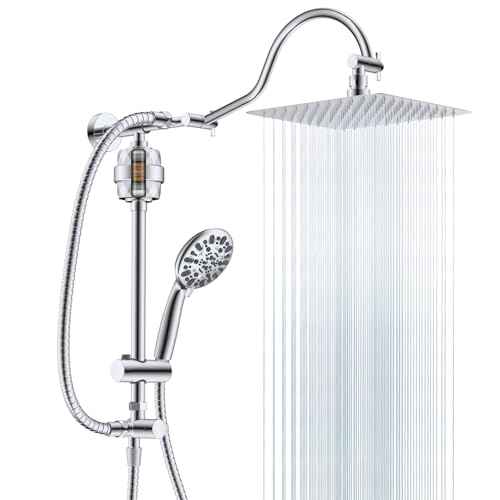 Hibbent All Metal 10'' Filtered Rainfall Shower Head Combo for Easy Reach, High Pressure Shower Head System, Handheld Showerhead, Adjustable Holder, 18'' Extension Arm, Shower Filter, 7-spray, Chrome