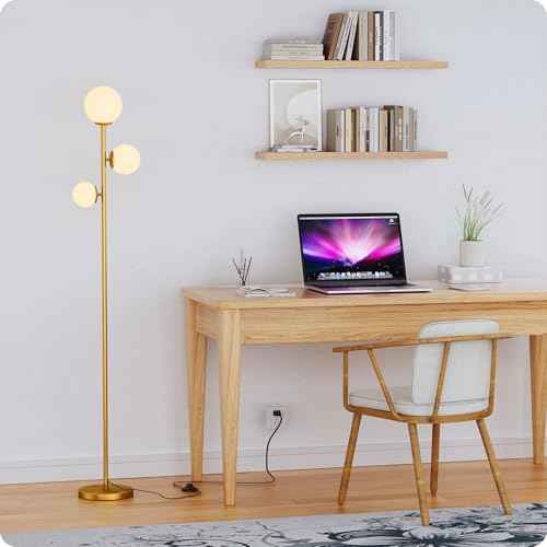 Floor lamp with 3 Frosted Glass Shades,Stangding Lamp Floor Lamps for Living Room Bedroom Office with 3 led Bulbs,Tall lamp with Foot Switch (Gold)