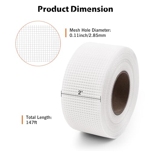 ROLLINGDOG Drywall Joint Tape, 2'' x147 ft Fiberglass Mesh Tape, Self-Adhesive Drywall Repair Tape for Wall Crack Repair, 1 Roll